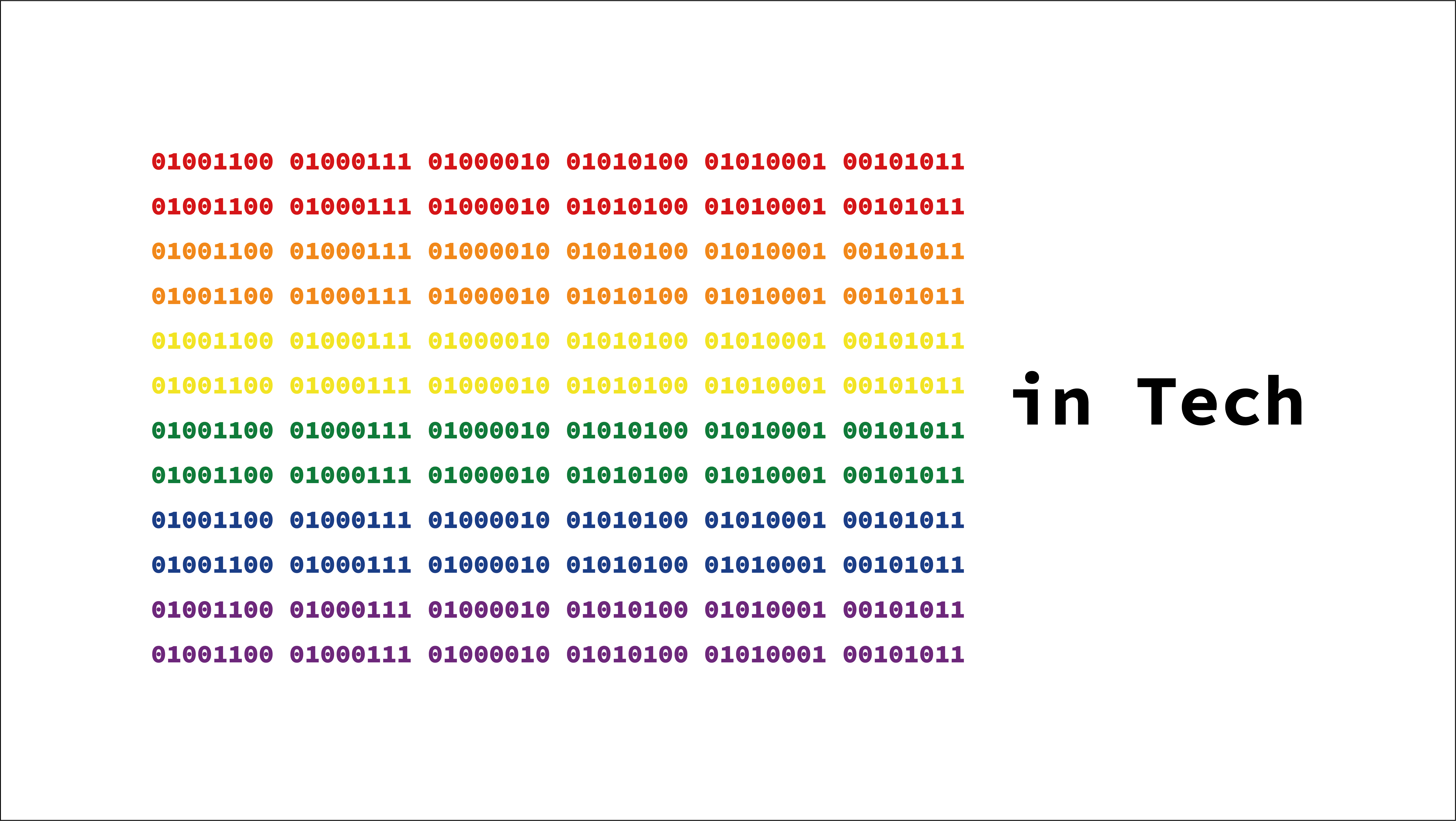 白い背景に「LGBTQ+」(ASCII)で作られたプライドフラッグがありその右側にin Techと書いてある。